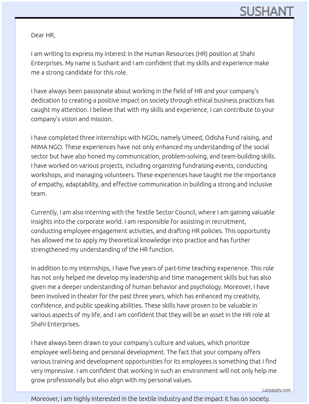 Human Resources (HR)  At Shahi Enterprises Cover Letter
