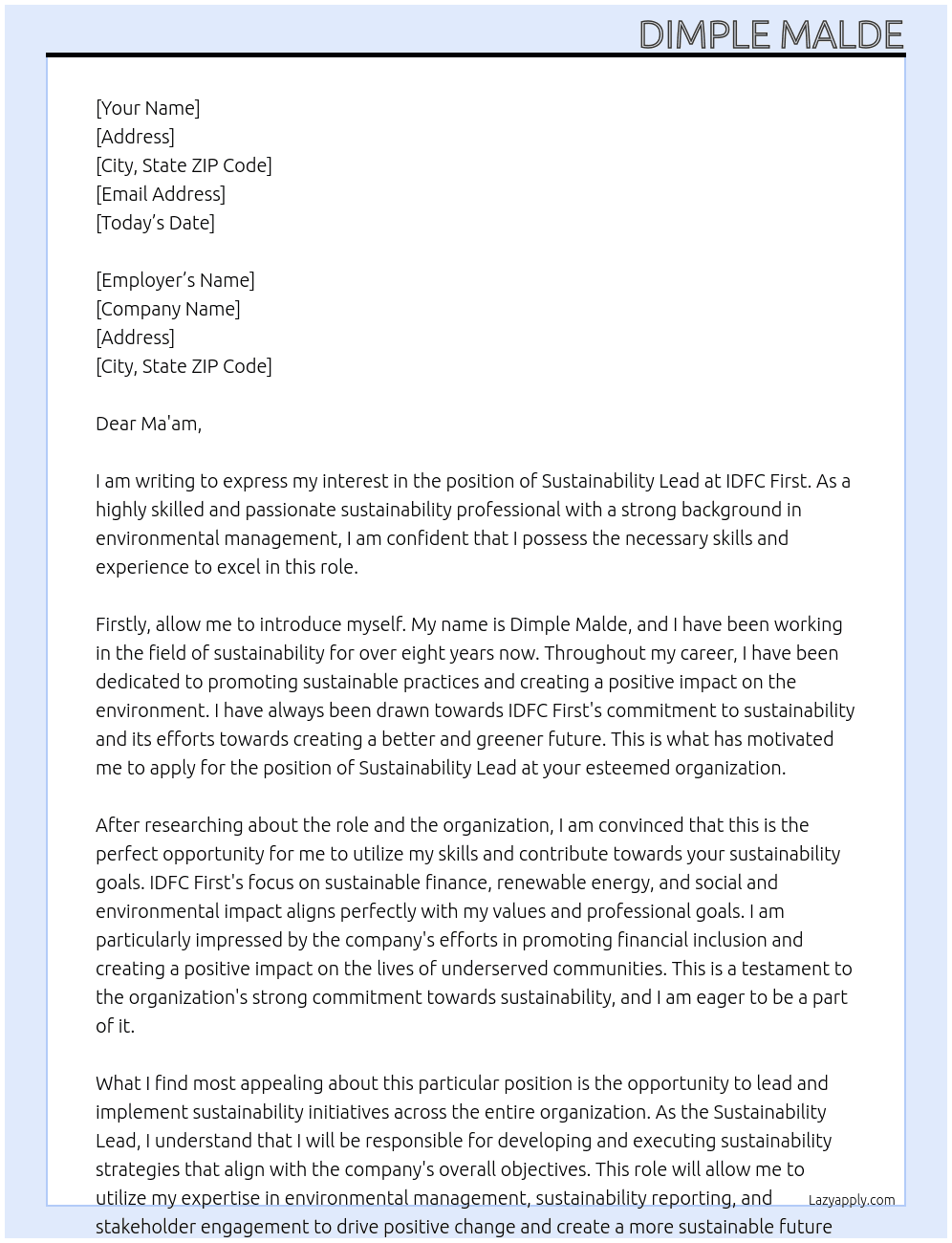 Sustainability Lead At IDFC First Cover Letter