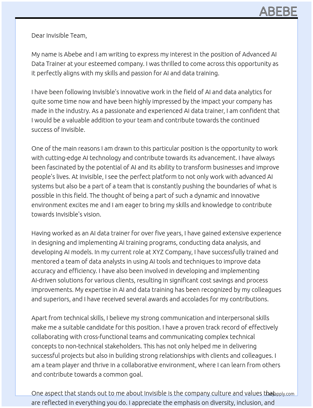 Advanced AI Data Trainer At Invisible  Cover Letter