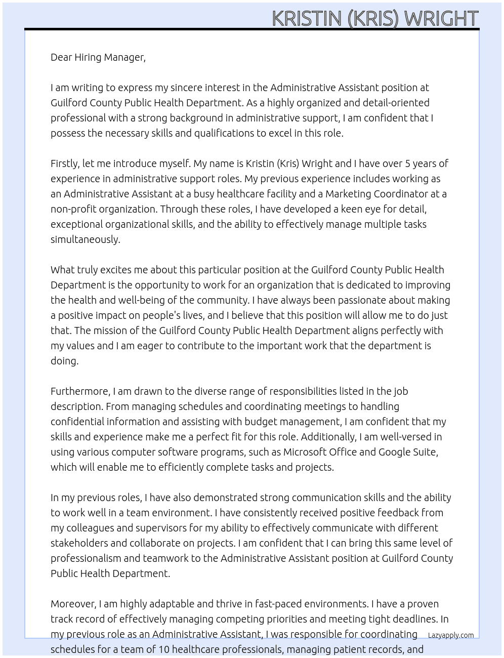 Administrative Assistant At Guilford County Public Health Department  Cover Letter
