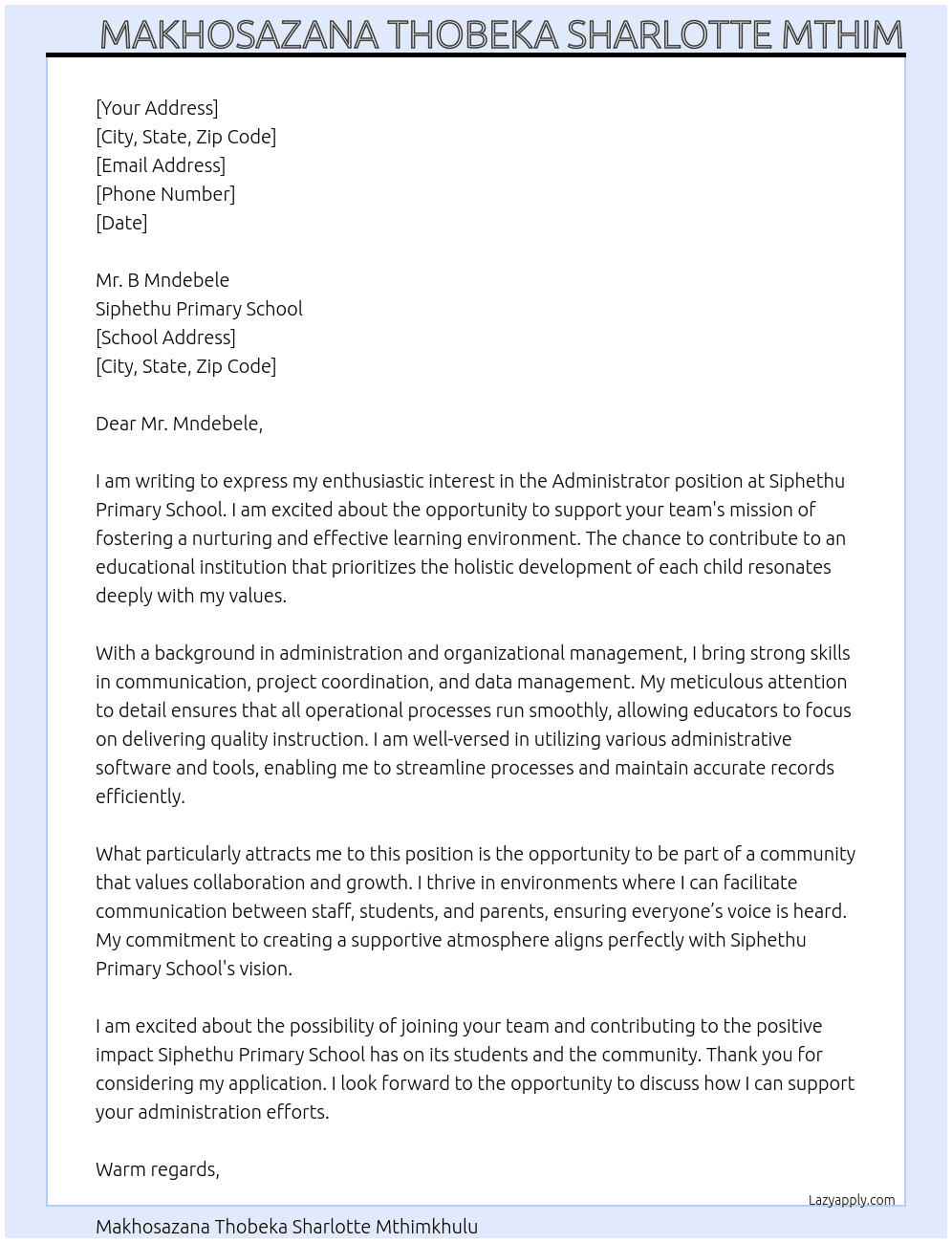 Cover letter for aministrator - LazyApply