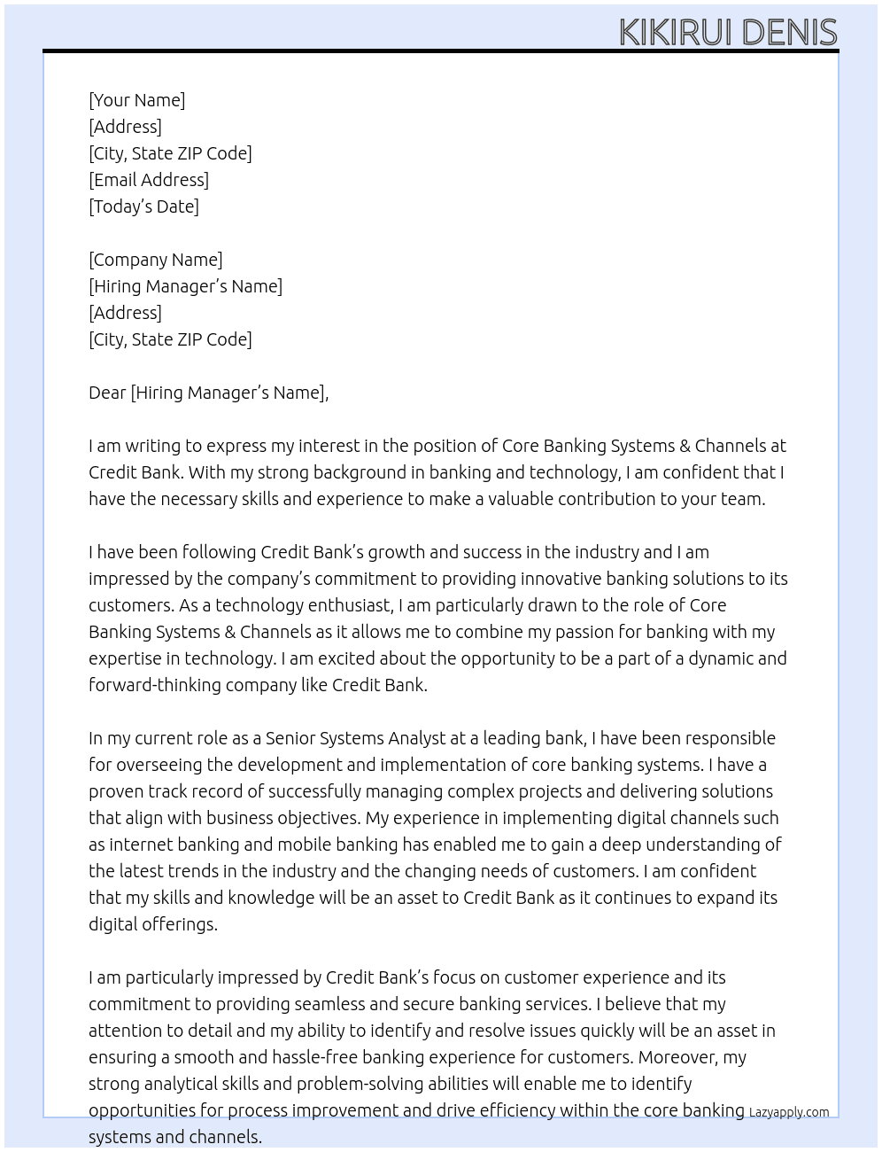 Core Banking Systems & Channels At Credit bank Cover Letter