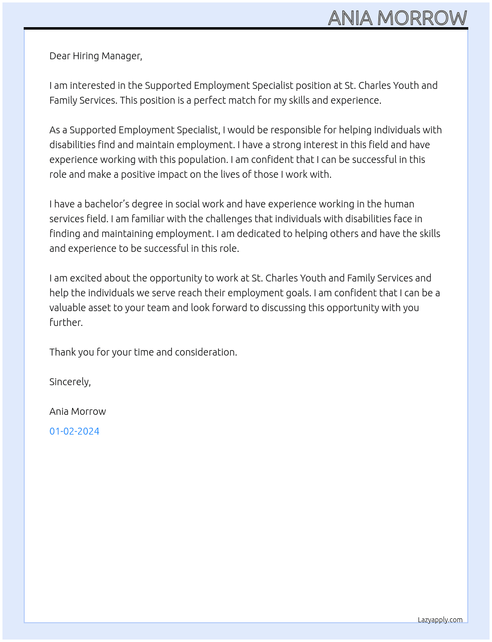 Supported Employment Specialist At St. Charles Youth and Family Services  Cover Letter