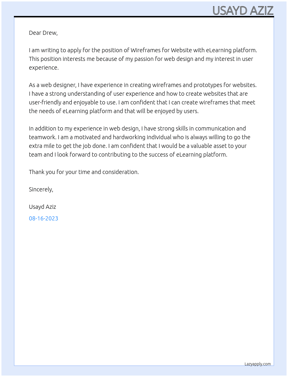 Wireframes for Website At  eLearning platform Cover Letter