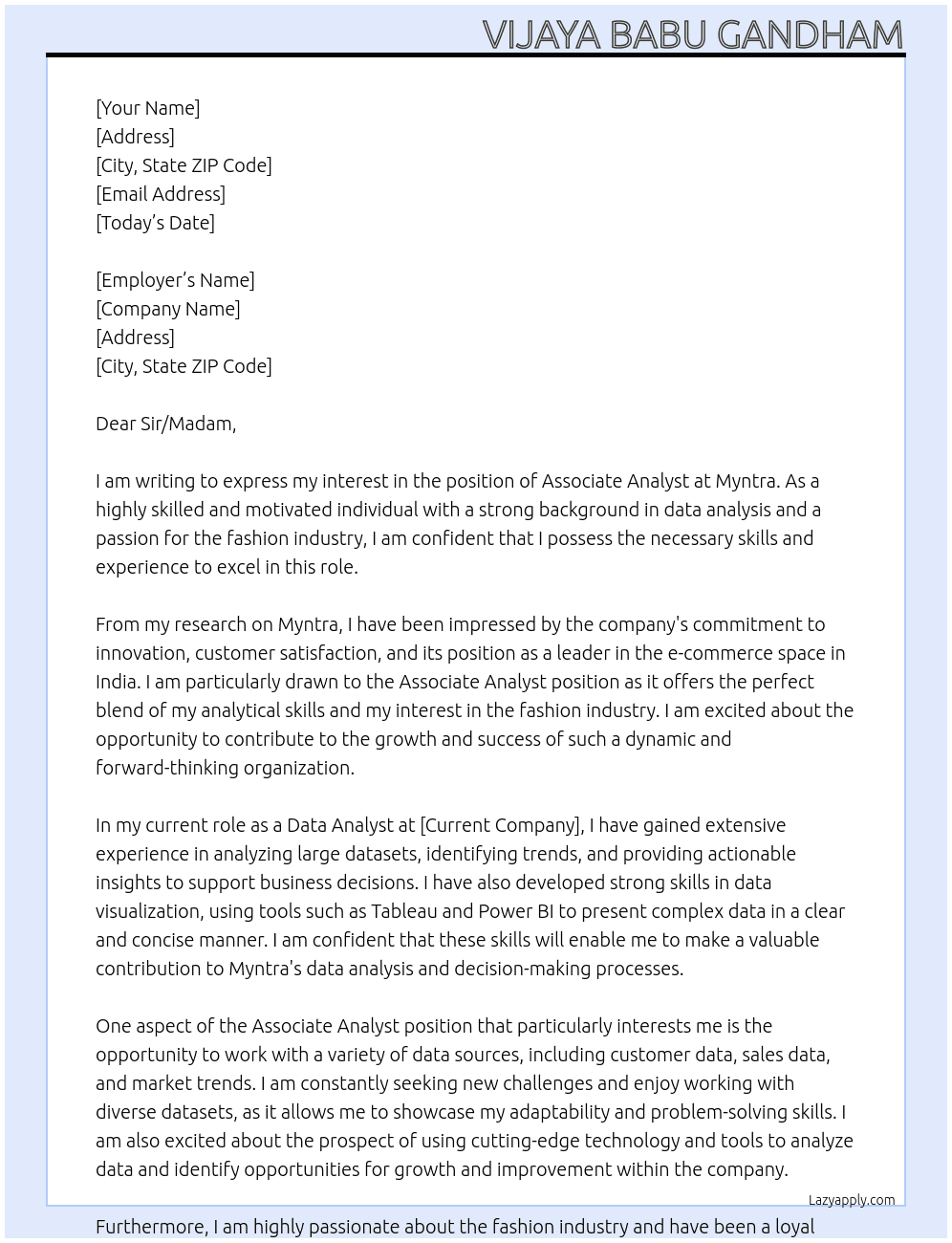 ASSOCIATE ANALYST At MYNTRA Cover Letter