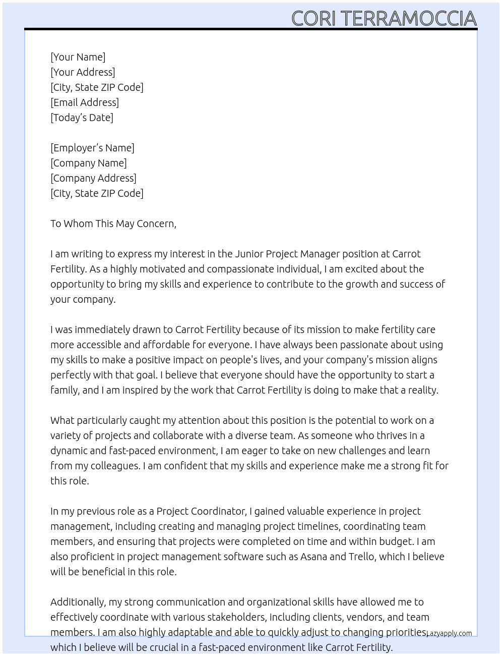 Junior Project Manager At Carrot Fertility Cover Letter