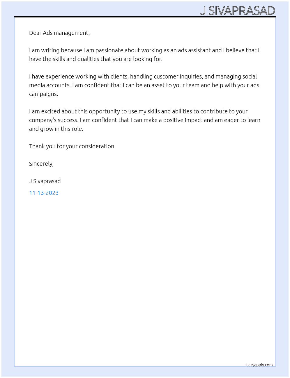 Ads assistant At Ads management Cover Letter