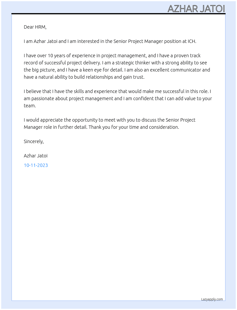 Senior Project Manager At ICH Cover Letter