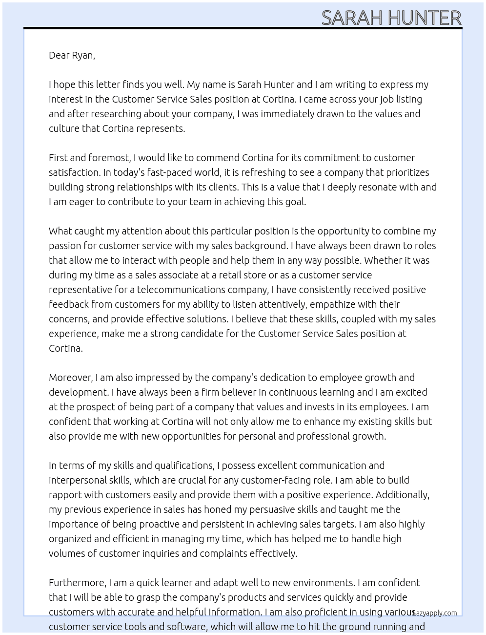 Customer service sales At Cortina Cover Letter