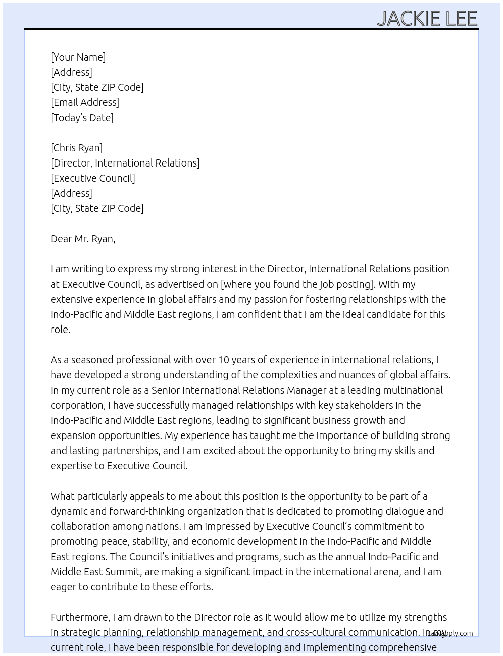 Director, International Relations, Indo-Pacific and Middle East, At Executive Council Cover Letter
