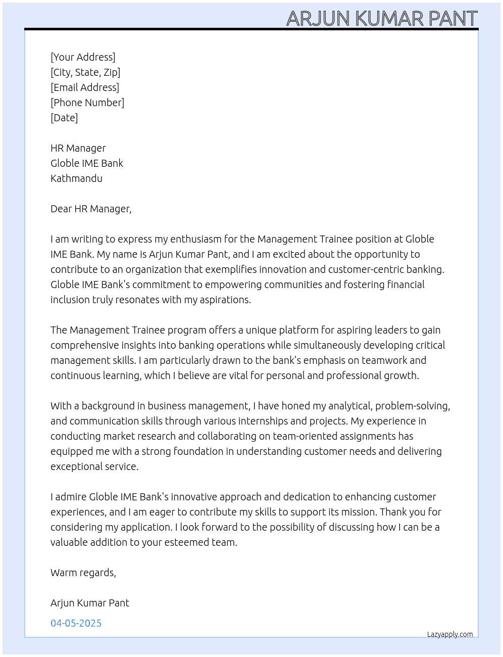 management trainee At Globle ime bank kathmandu Cover Letter