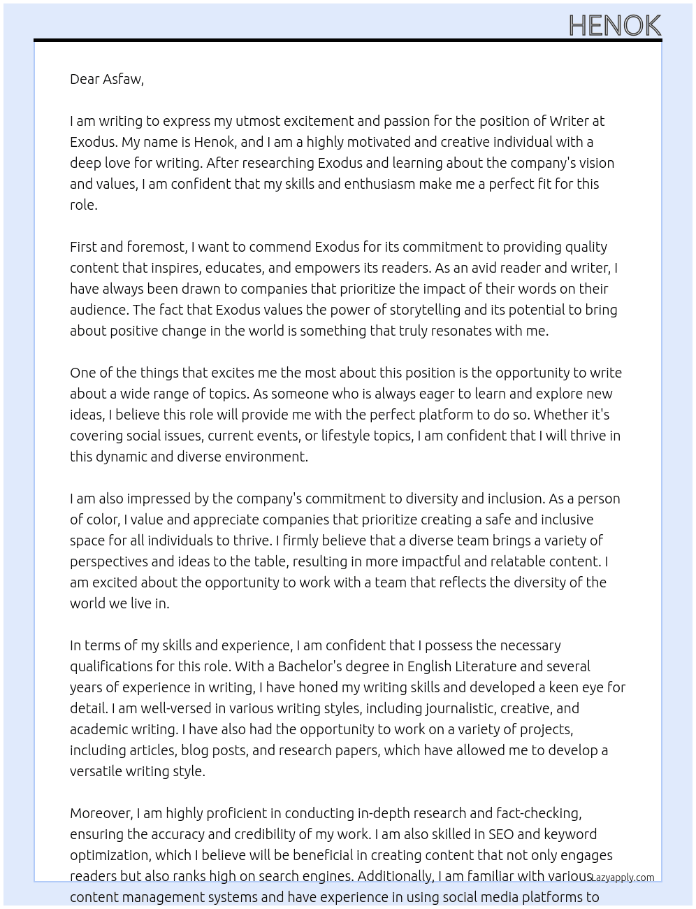 Writer At Exodus Cover Letter