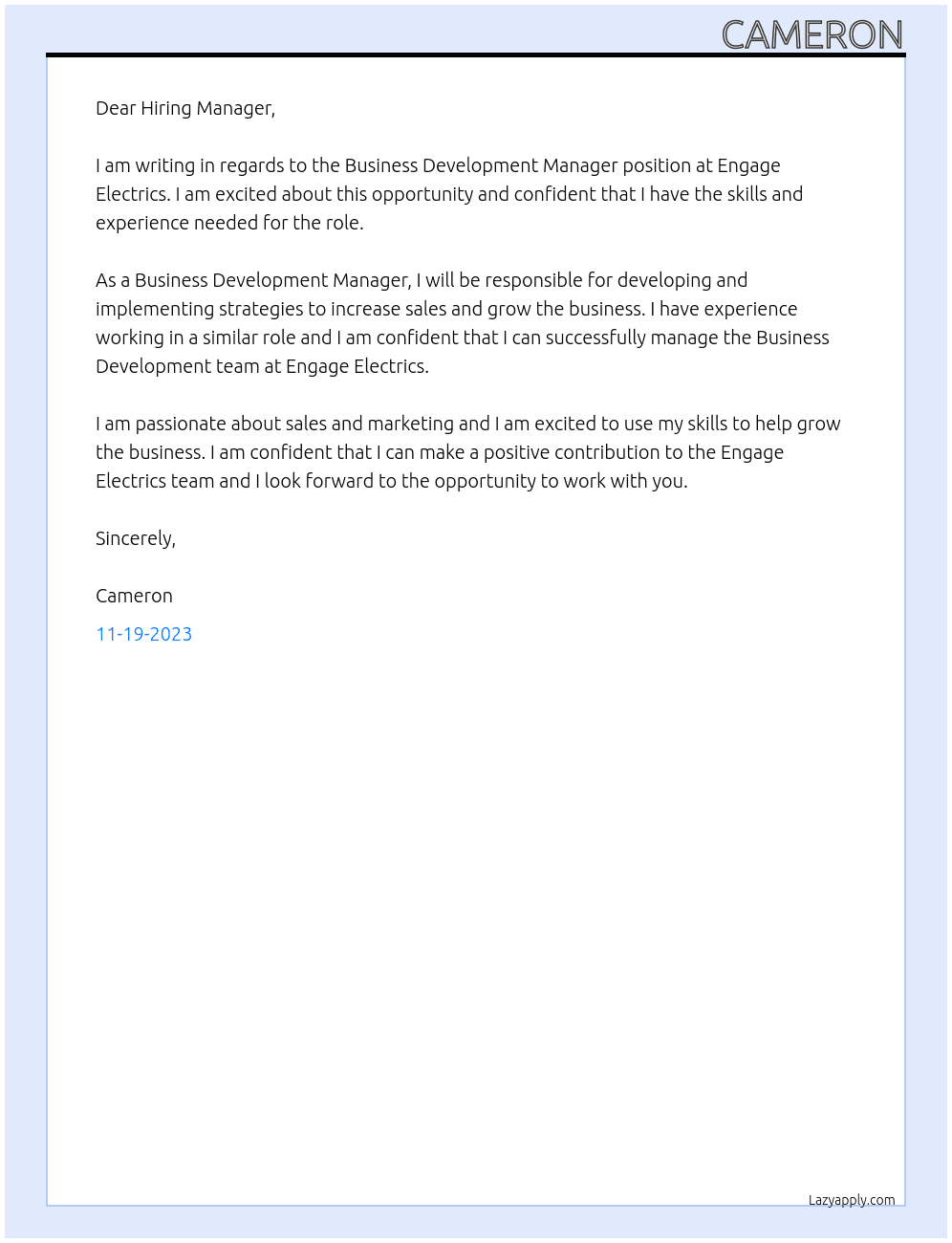 Business development manager  At Engage Electrics Cover Letter