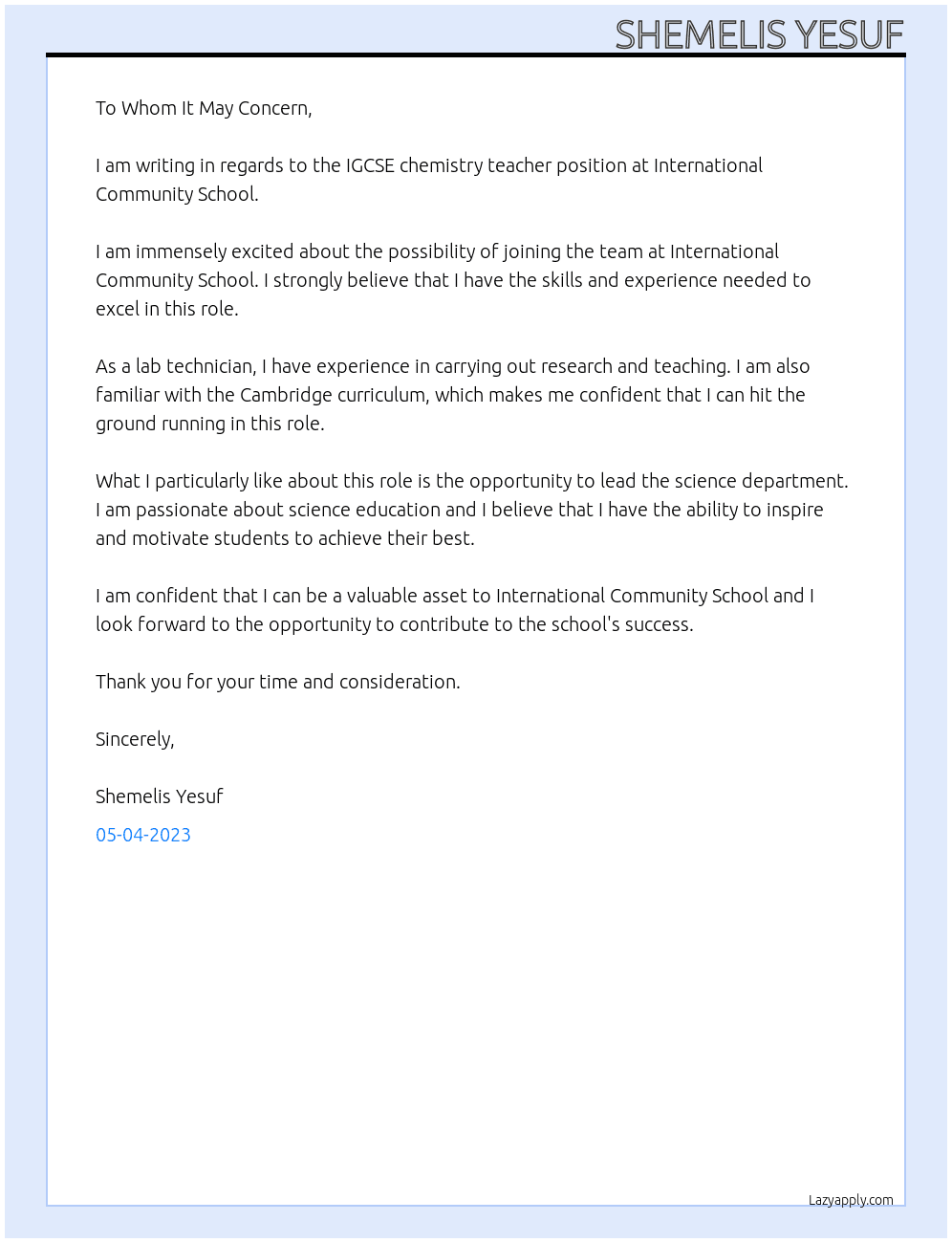 IGCSE chemistry teacher  At International Community School Cover Letter