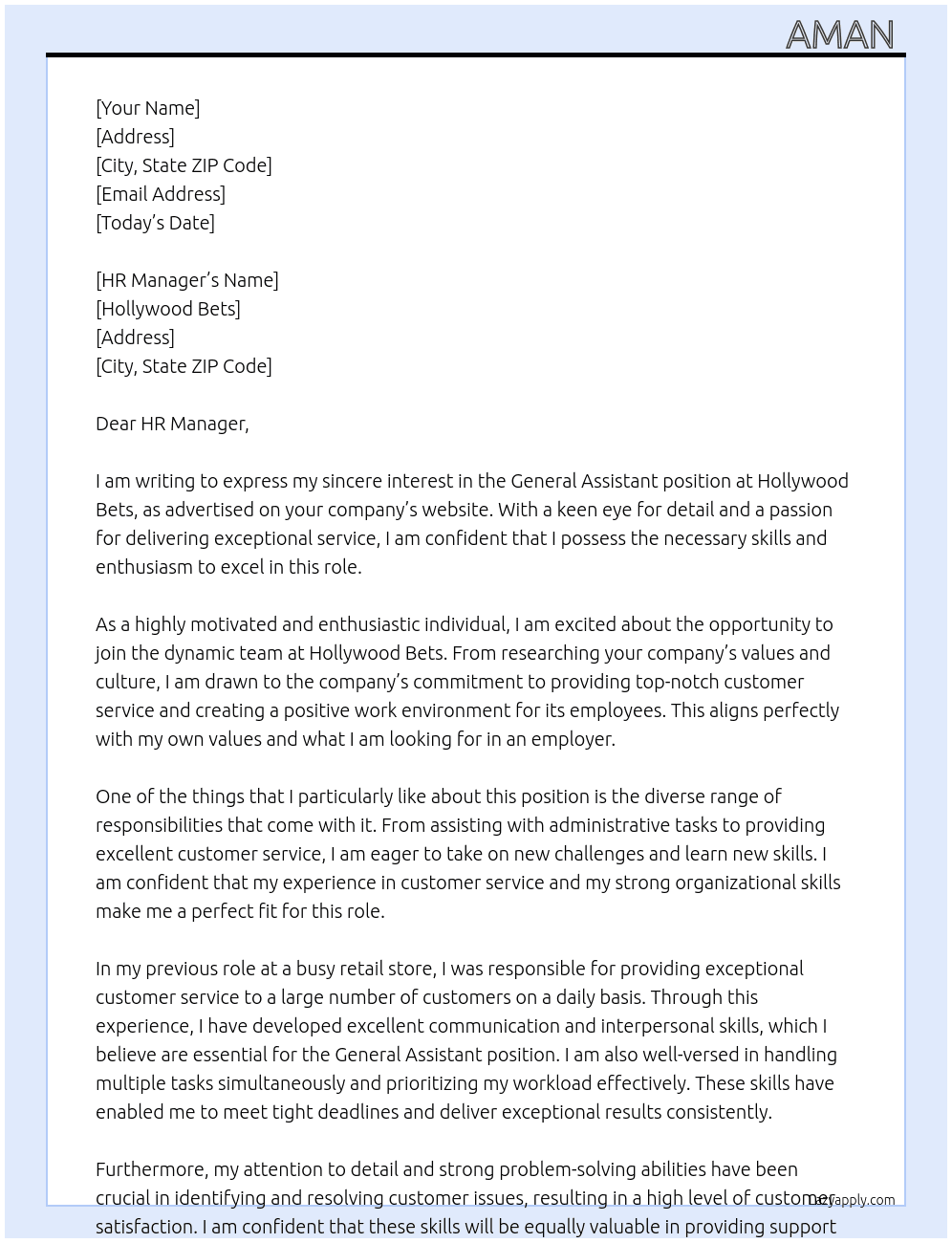 General Assistant At Hollywood bets  Cover Letter