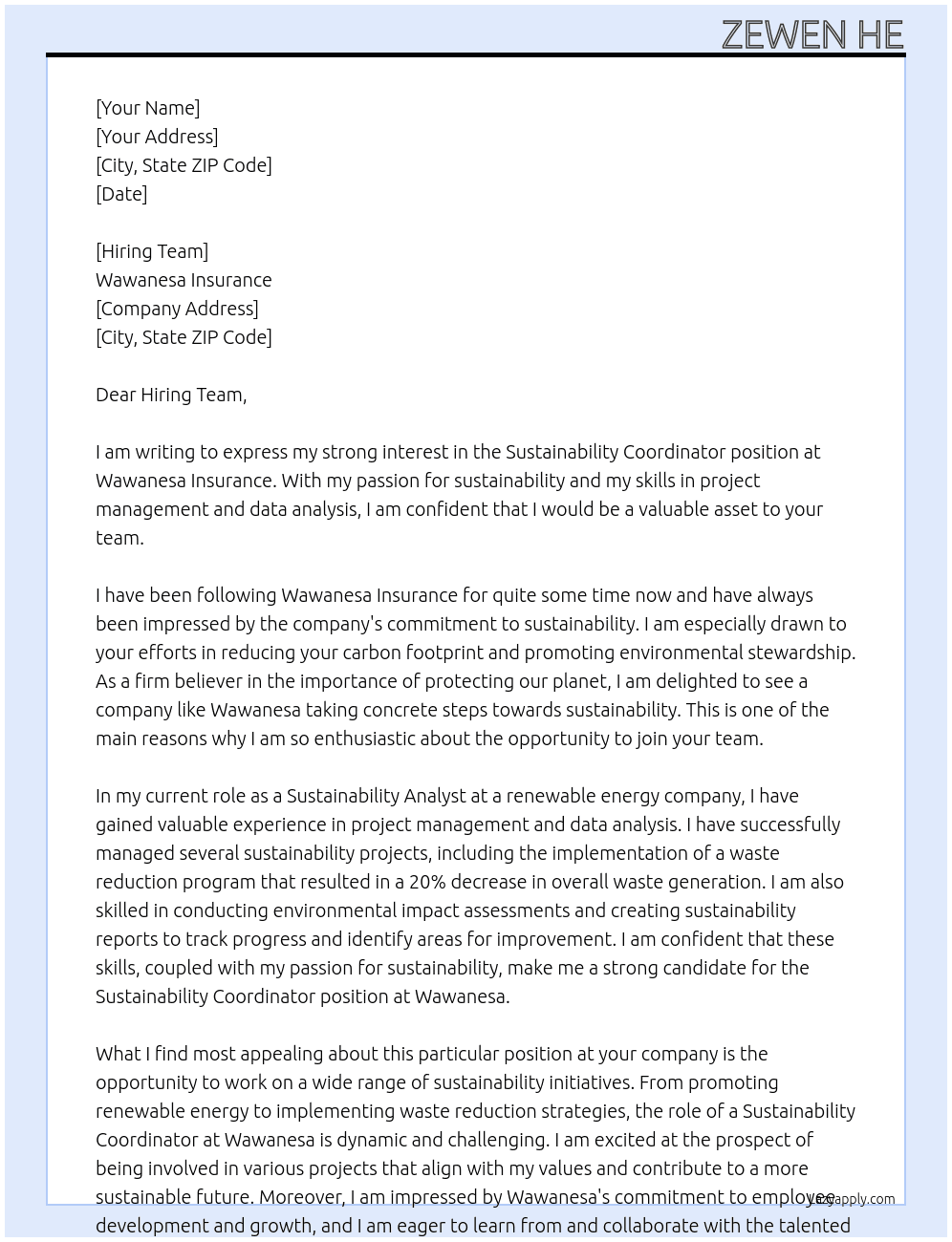 Sustainability Coordinator At Wawanesa Insurance Cover Letter