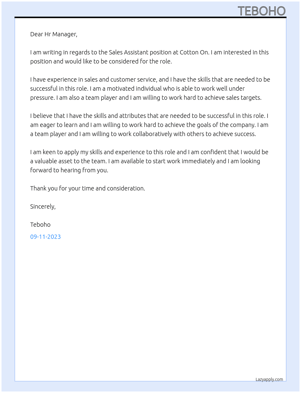 Sales Assistant At Cotton On Cover Letter