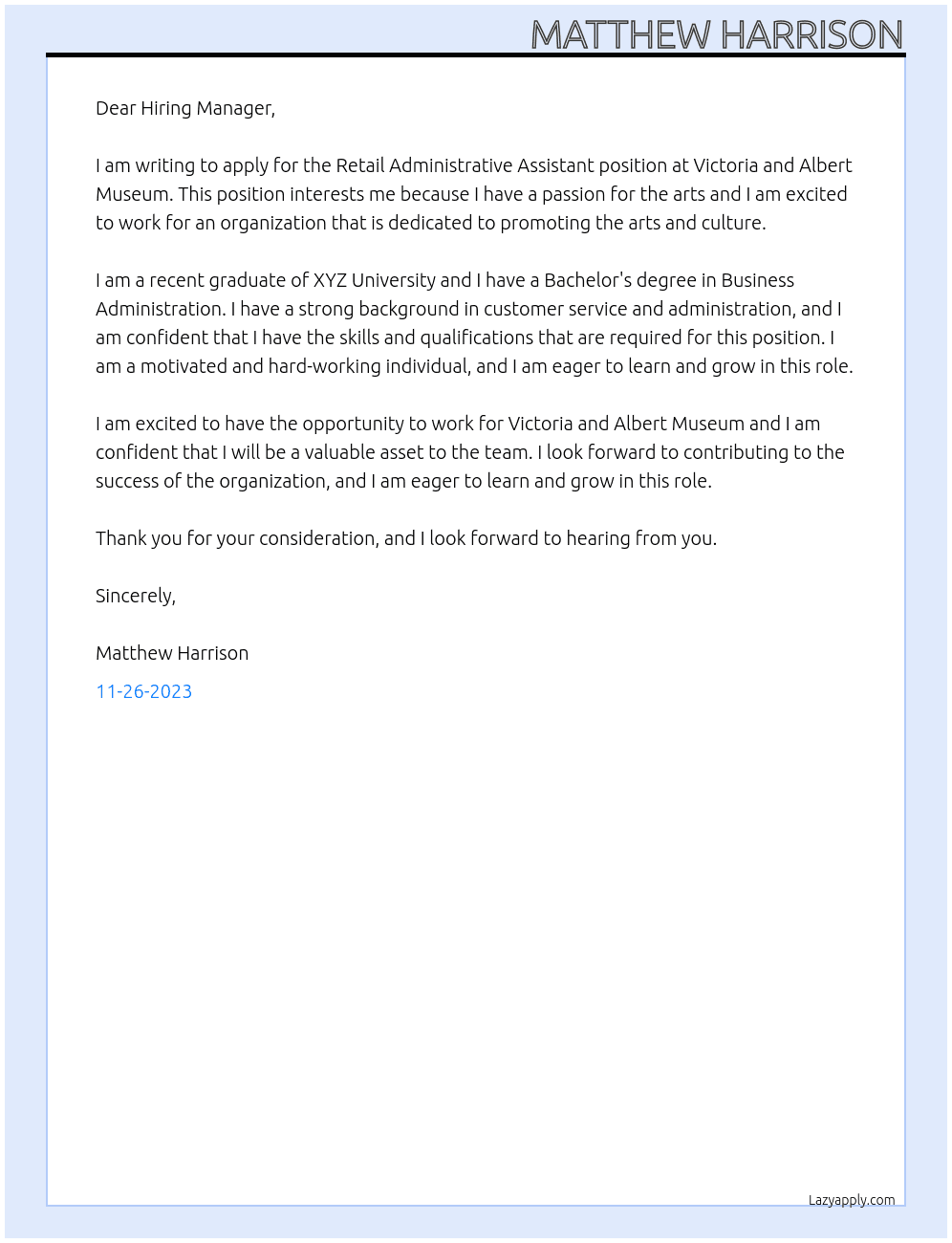 Retail Administrative Assistant At Victoria and Albert Museum Cover Letter