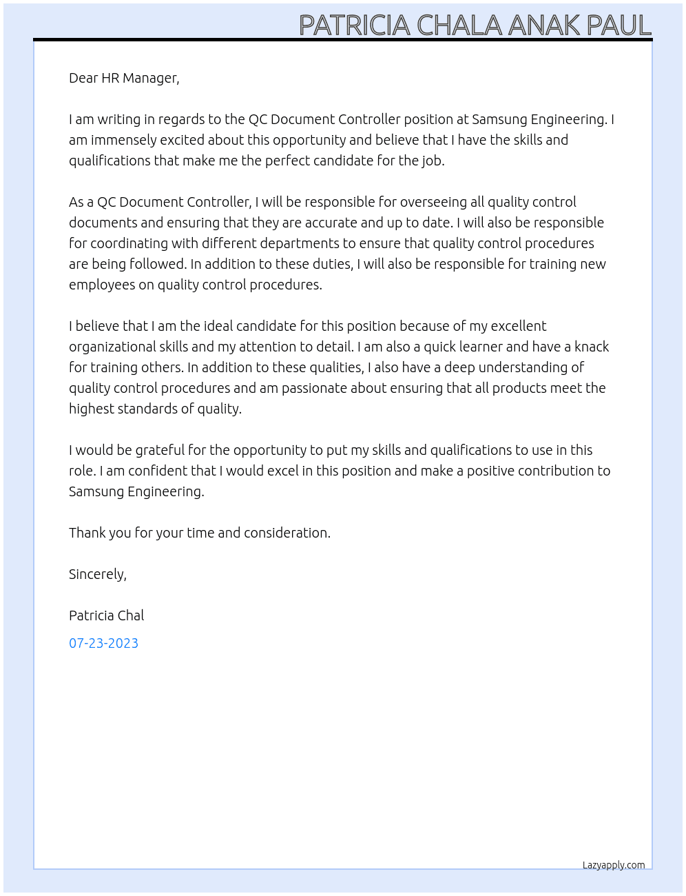 QC DOCUMENT CONTROLLER At SAMSUNG ENGINEERING Cover Letter