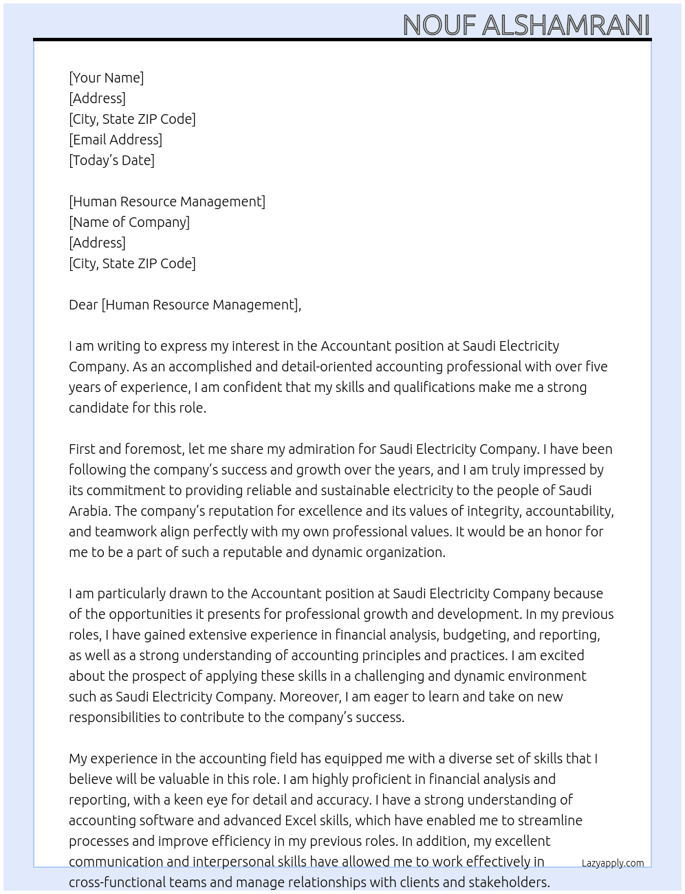 Accountant At Saudi Electricity Company Cover Letter