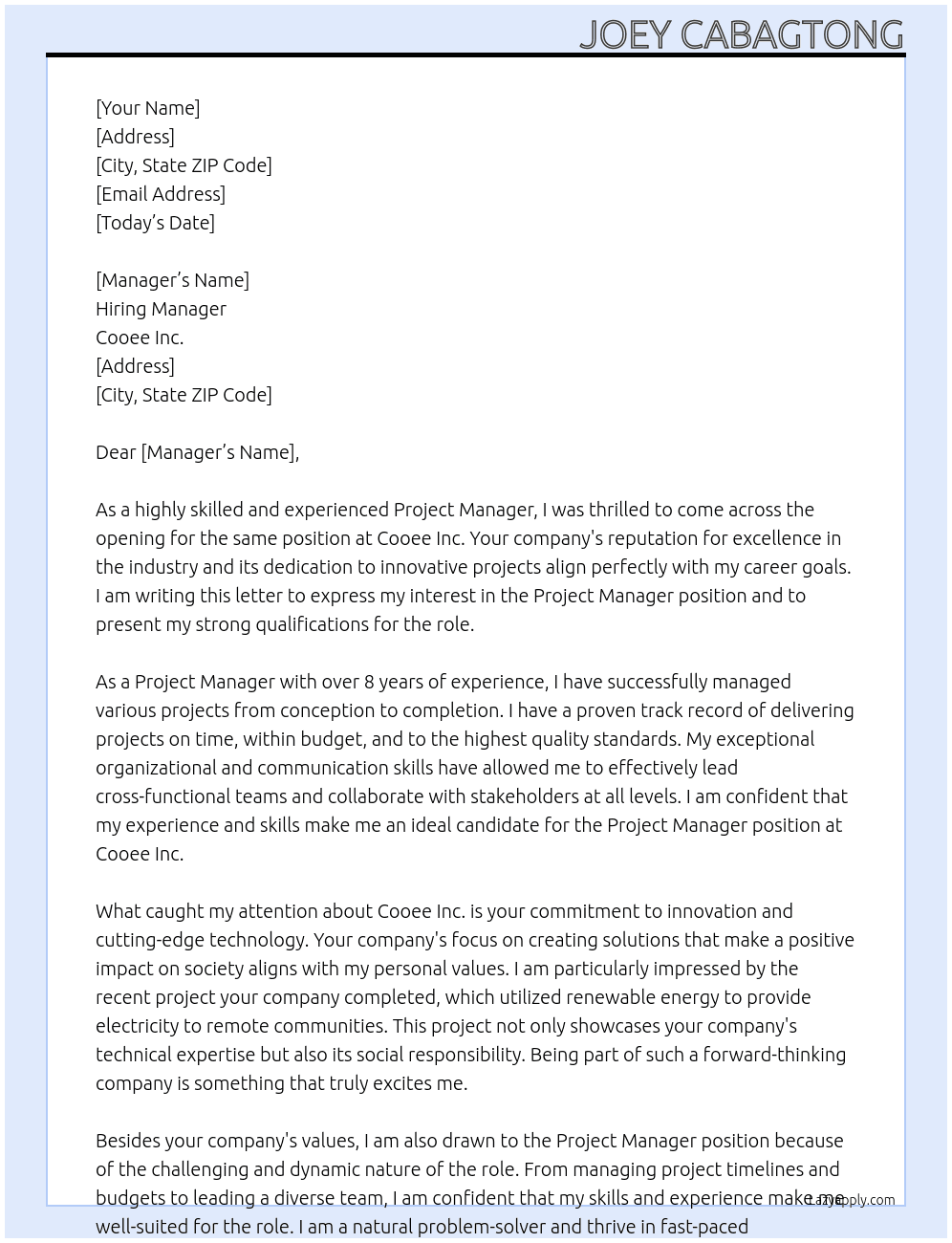 Project Manager At Cooee Inc Cover Letter