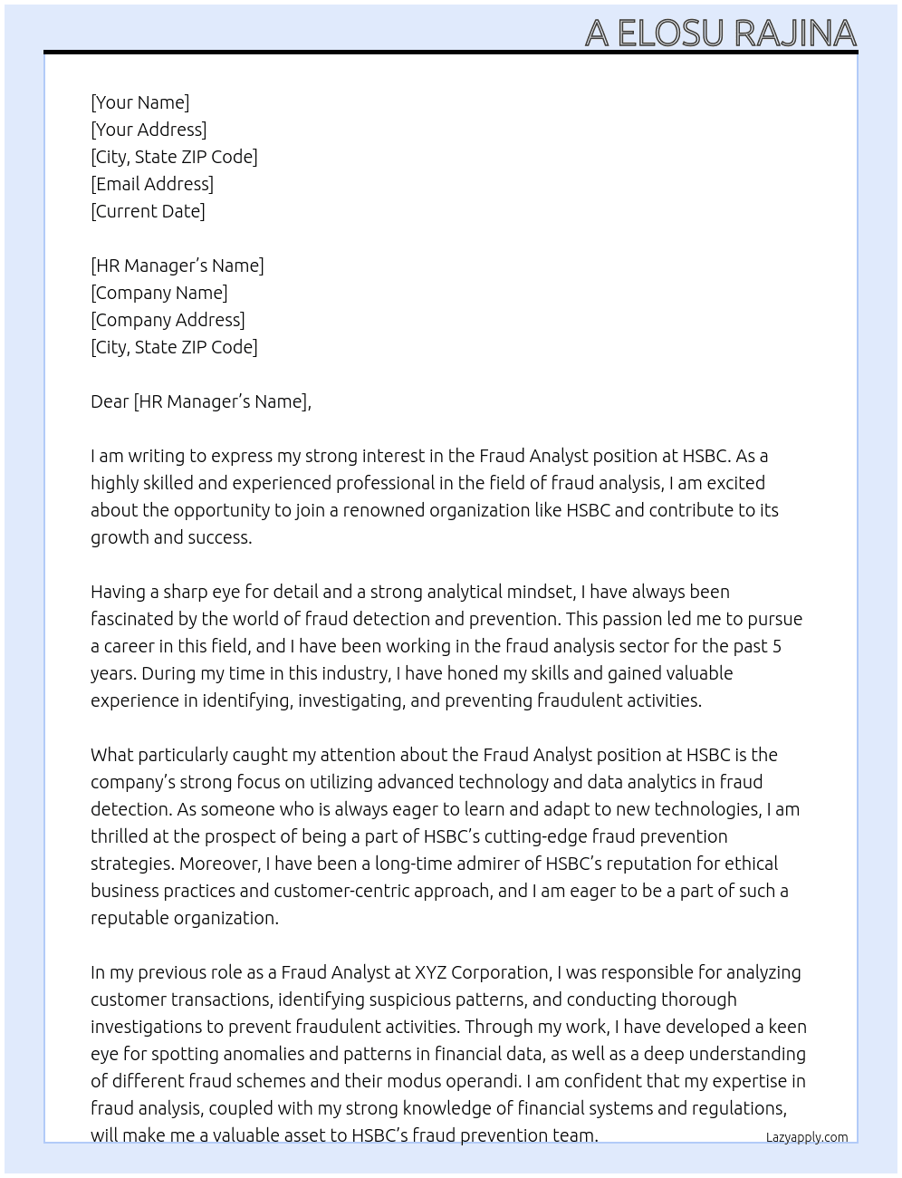 Fraud analyst At Hsbc Cover Letter