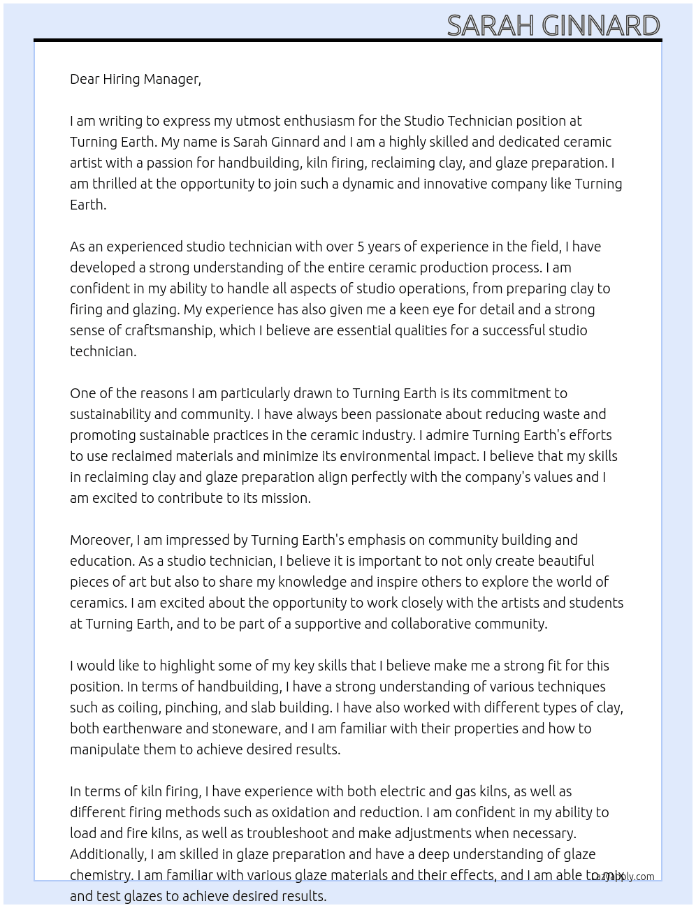 Studio Technician At Turning Earth Cover Letter