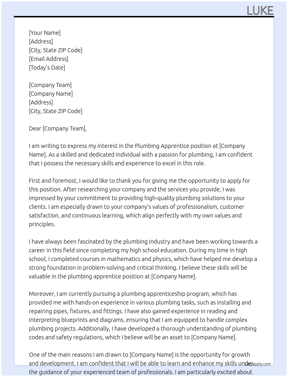 plumbing apprentice At COMPANY Cover Letter