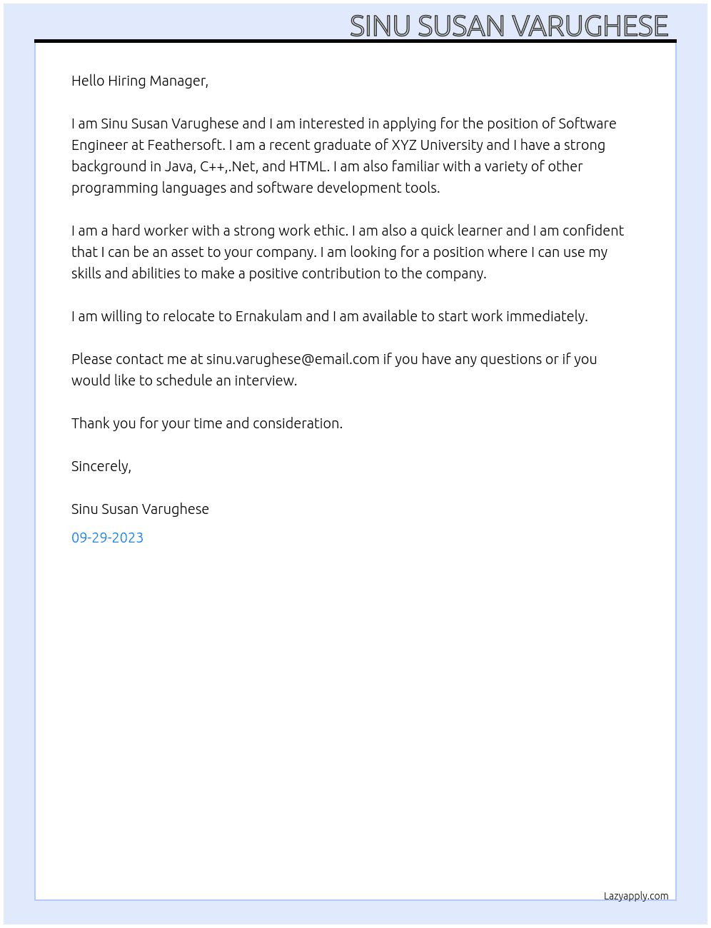 Software Engineer  At Feathersoft  Cover Letter