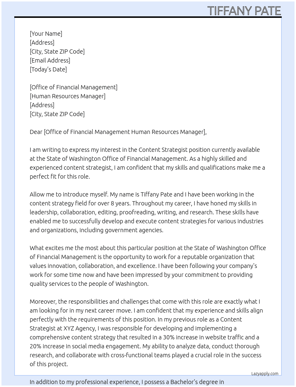 Content Strategist At state of washington office of financial management  Cover Letter