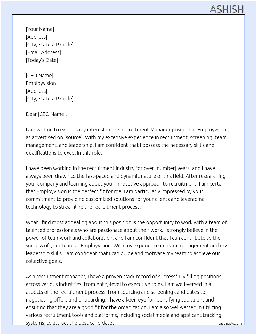 Recruitment Manager At Employvision Cover Letter