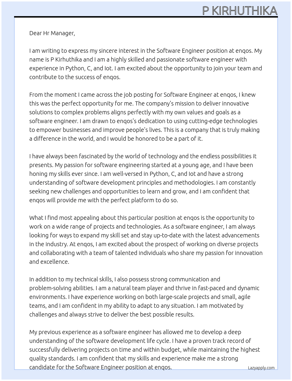 Software Engineer At enqos Cover Letter