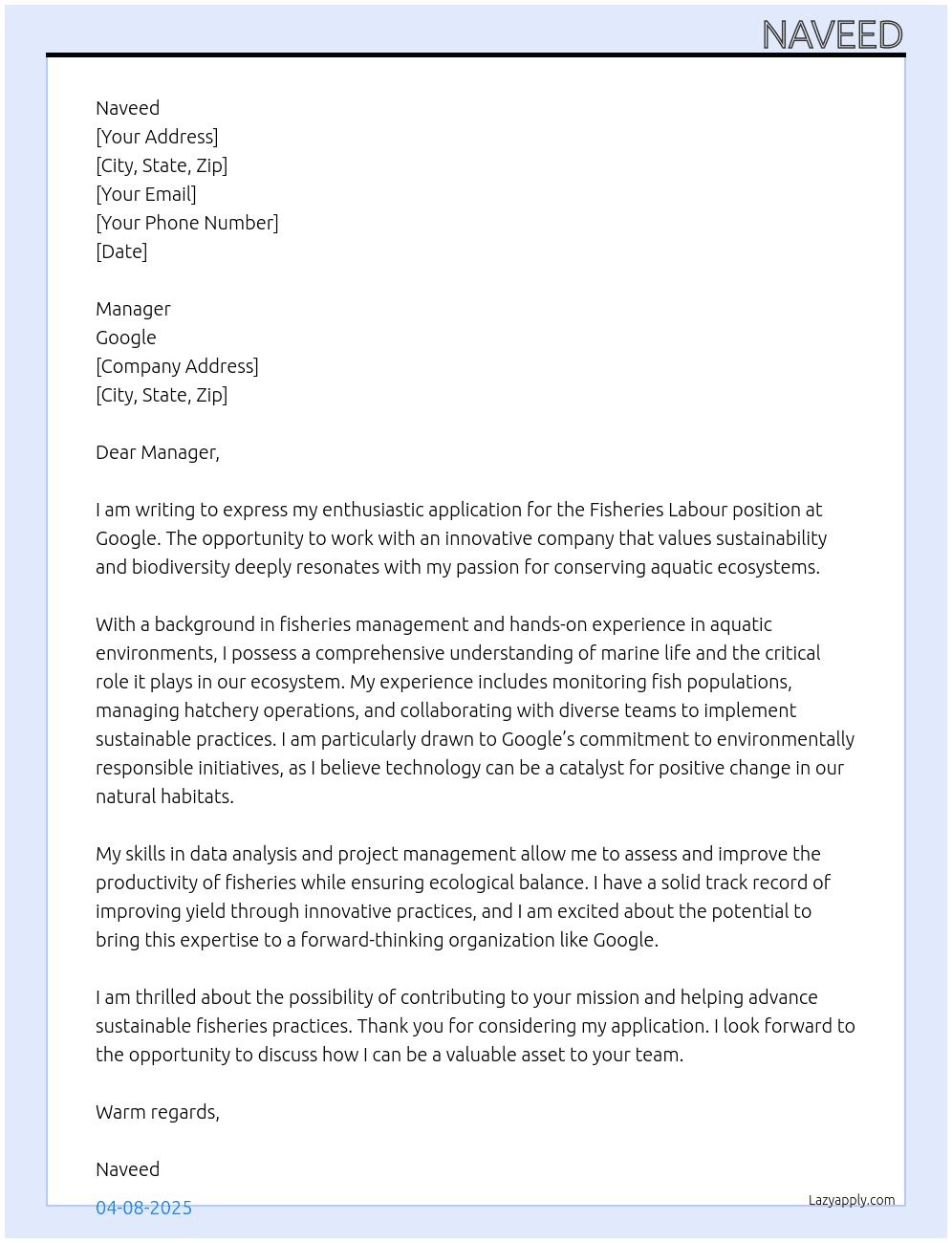 Cover letter for fisheries labour - LazyApply