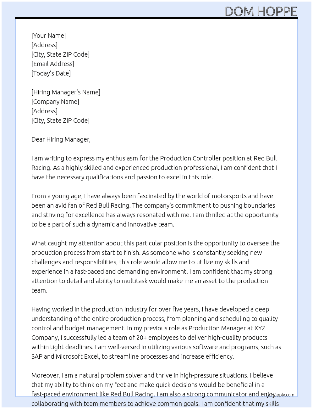 Production Controller At Red Bull Racing Cover Letter