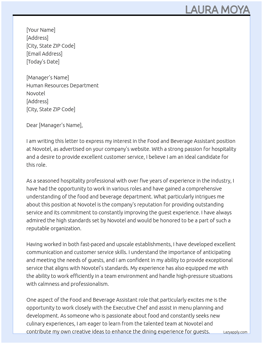 FOOD AND BEVERAGE ASSISTANT At NOVOTEL Cover Letter