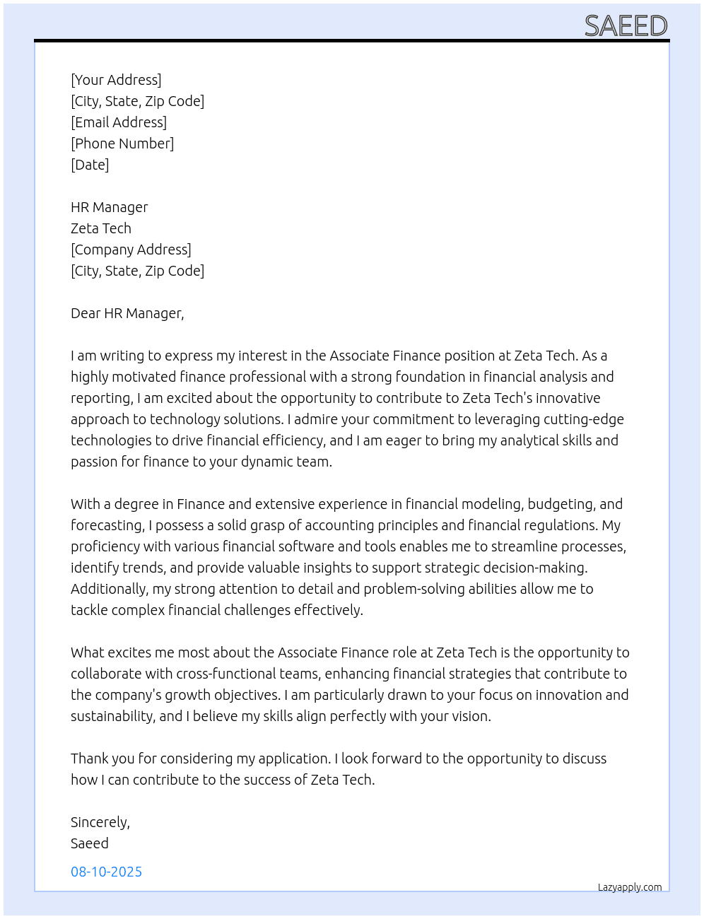 Associate Finance At Zeta Tech Cover Letter