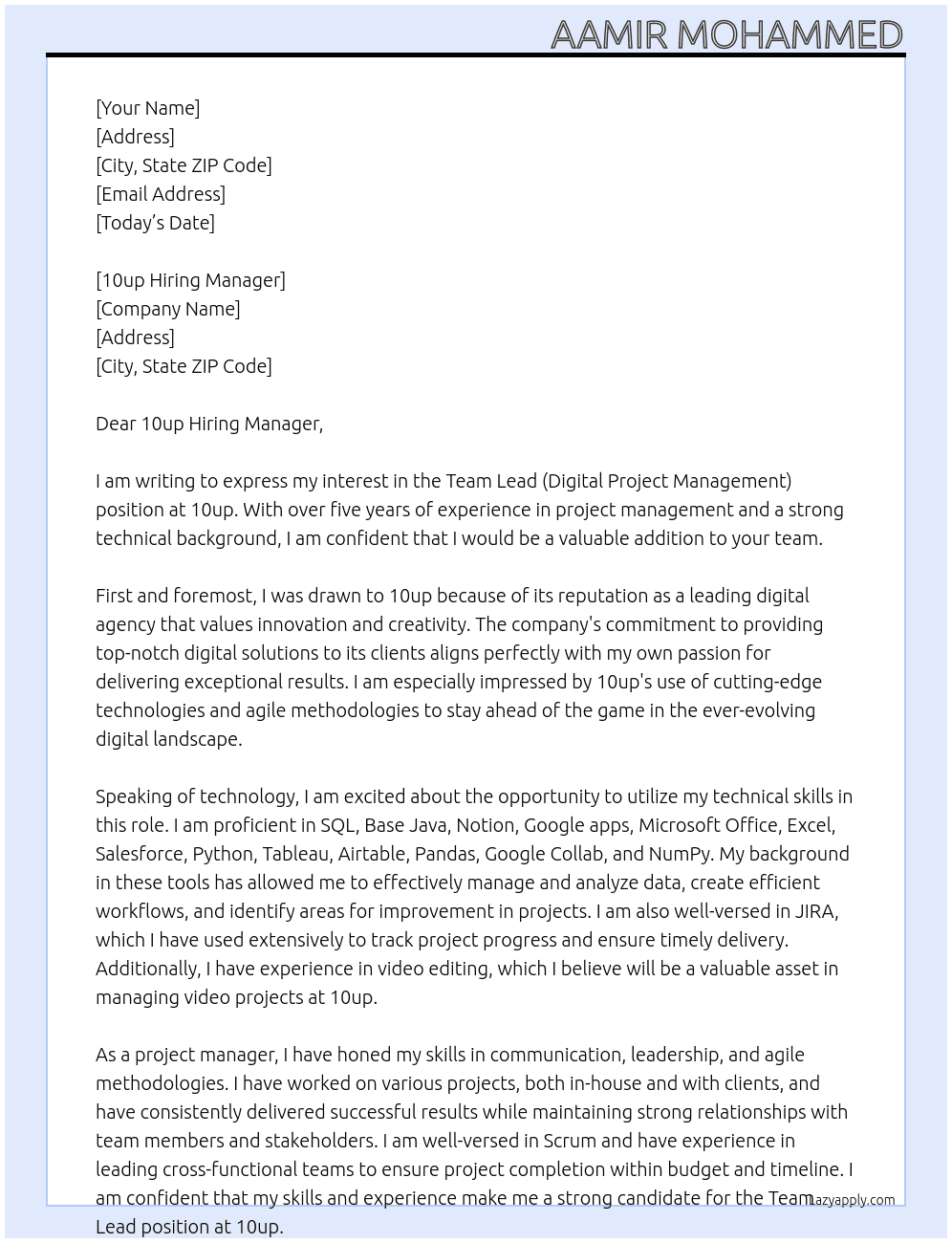 Team Lead (Digital Project Management) At 10up Cover Letter