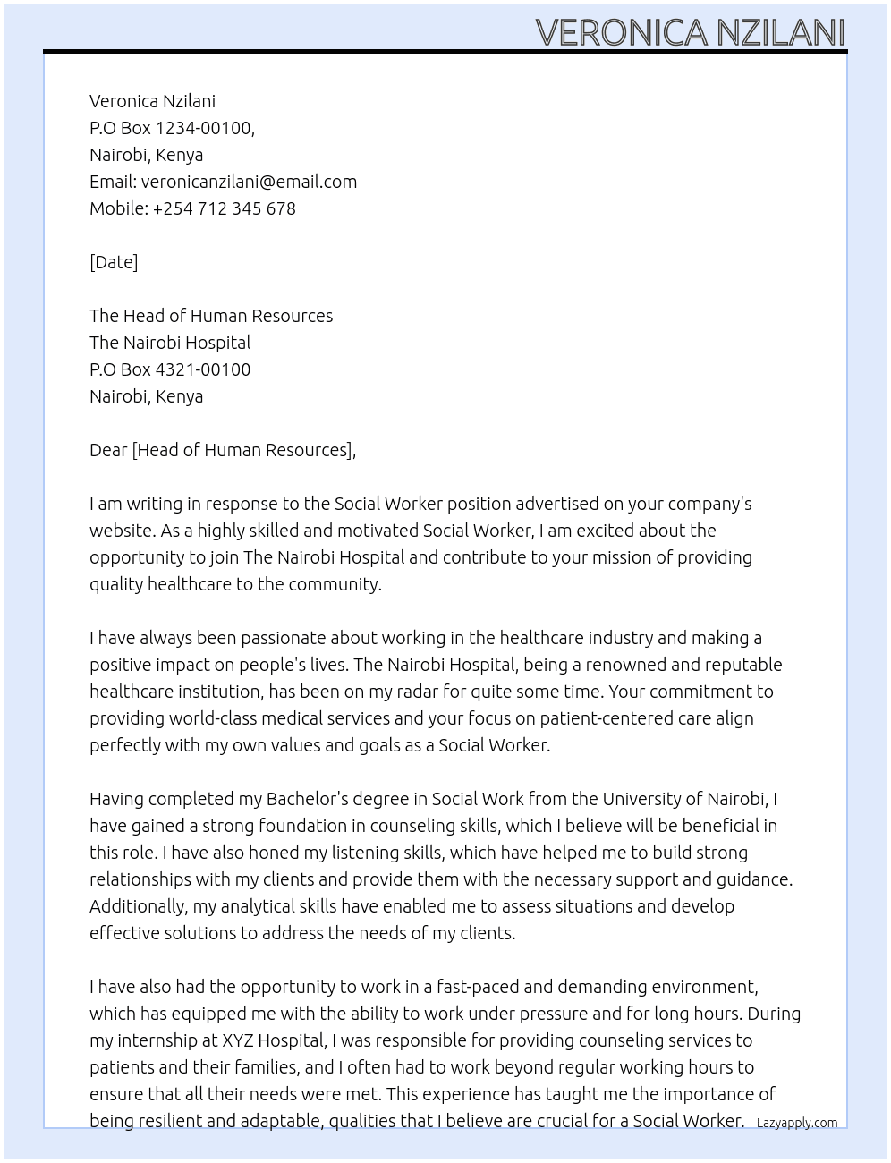 Social Worker At The Nairobi Hospital Cover Letter