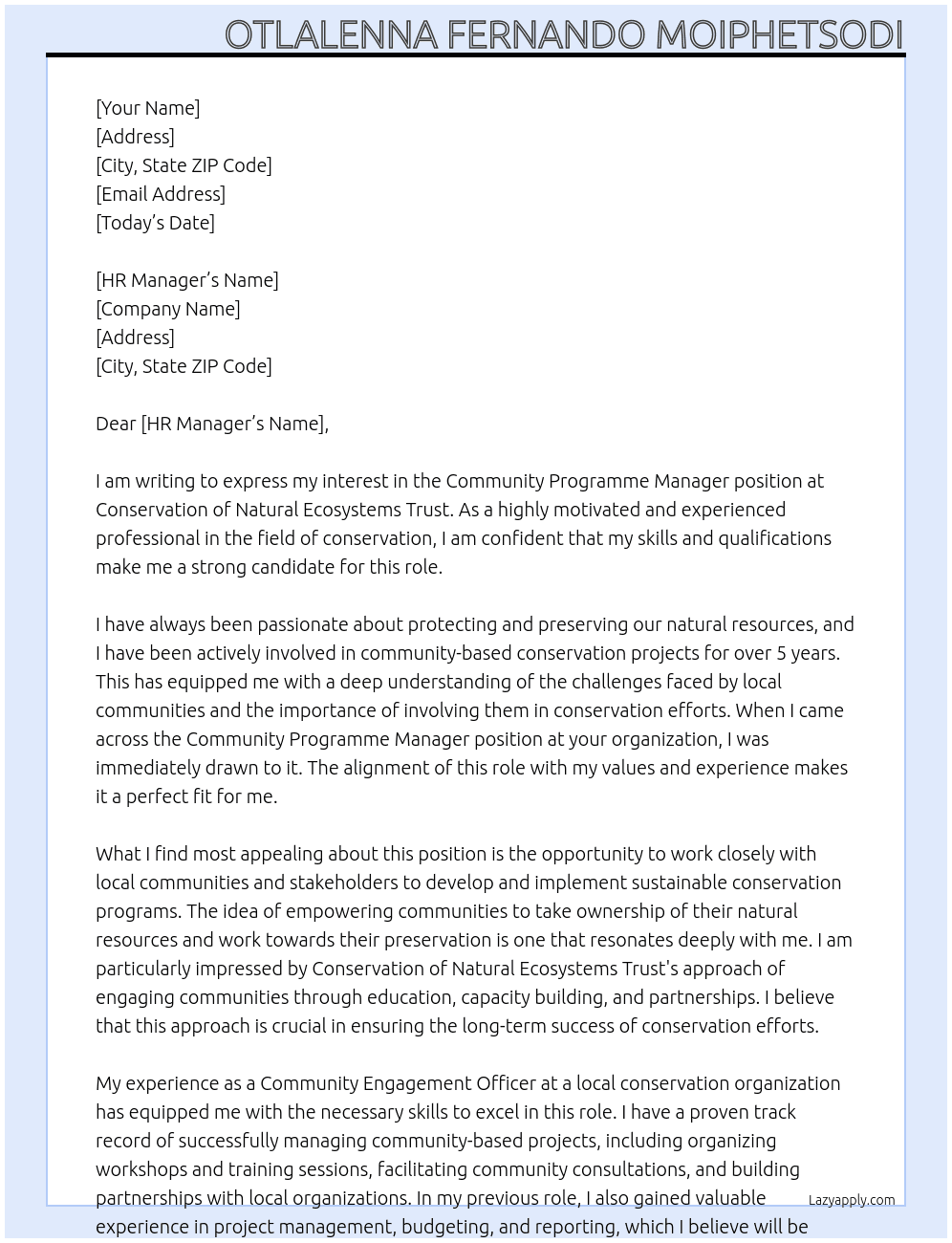Community Programme Manager At Conservation of Natural Ecosystems Trust Cover Letter
