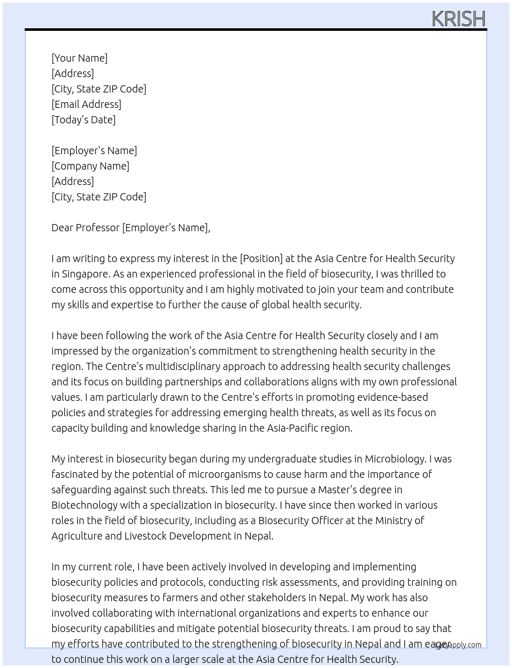 my work in biosecurity in Nepal and interest in the fellowship At Asia Centre for Health Security, Singapore Cover Letter