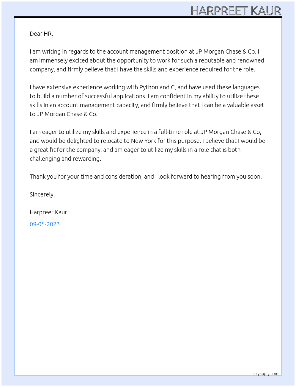 ACCOUNT MANAGEMENT At JP MORGAN CHASE & CO Cover Letter