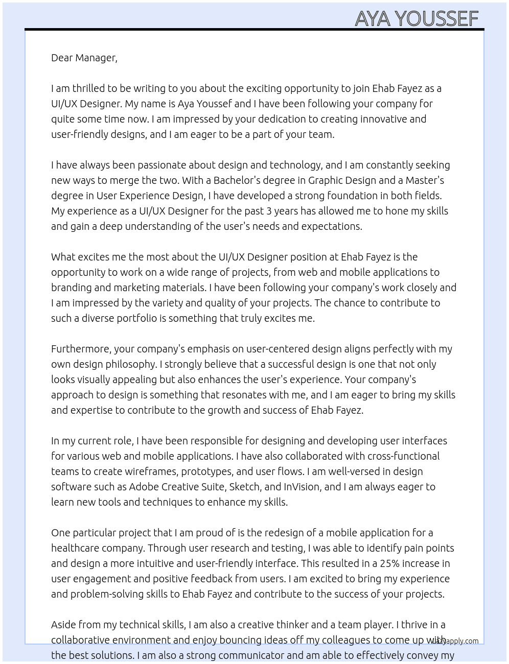 ui/ux designer At Ehab fayez Cover Letter