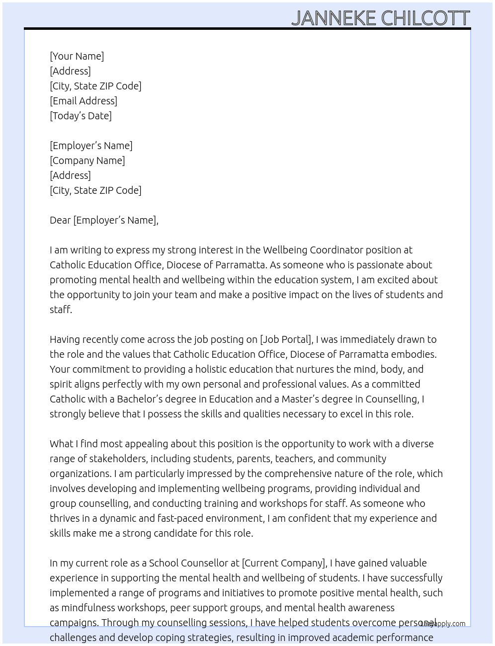 Wellbeing Coordinator  At Catholic Education Office, Diocese of Parramatta Cover Letter