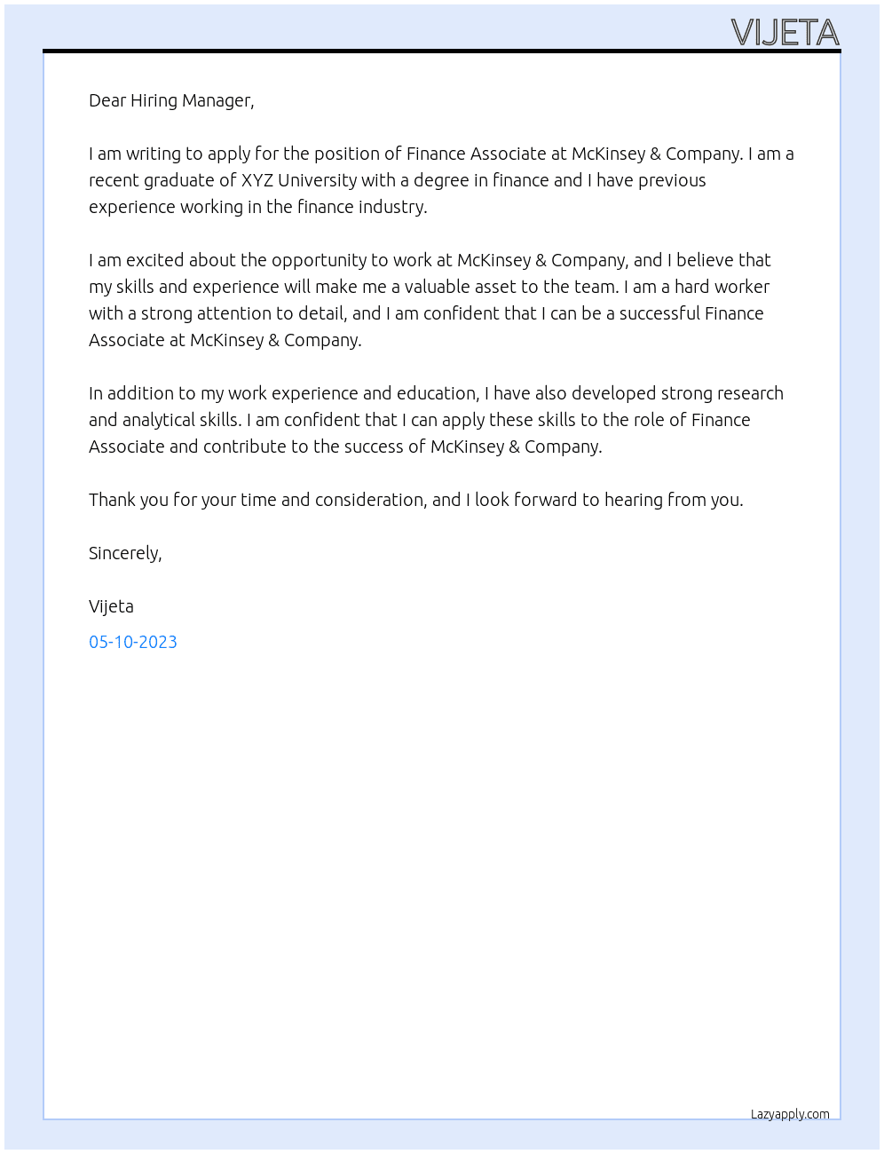 Finance Associate At McKinsey & Company Cover Letter