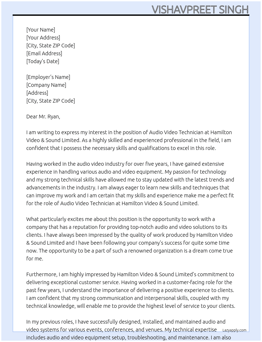 Audio video technician At Hamilton Video & Sound Limited Cover Letter