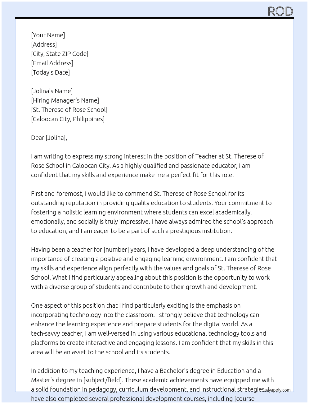 Teacher At St. Therese of Rose School Caloocan City Cover Letter