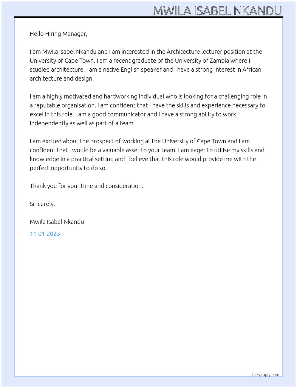 Architecture lecturer At University of Cape Town Cover Letter