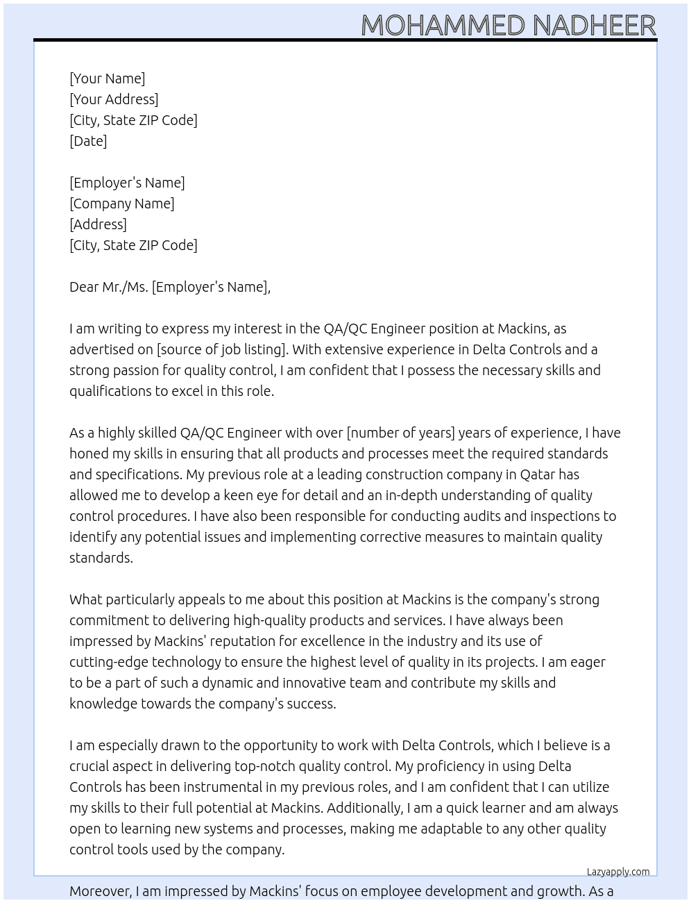 QA/QC Engineer At Mackins Cover Letter