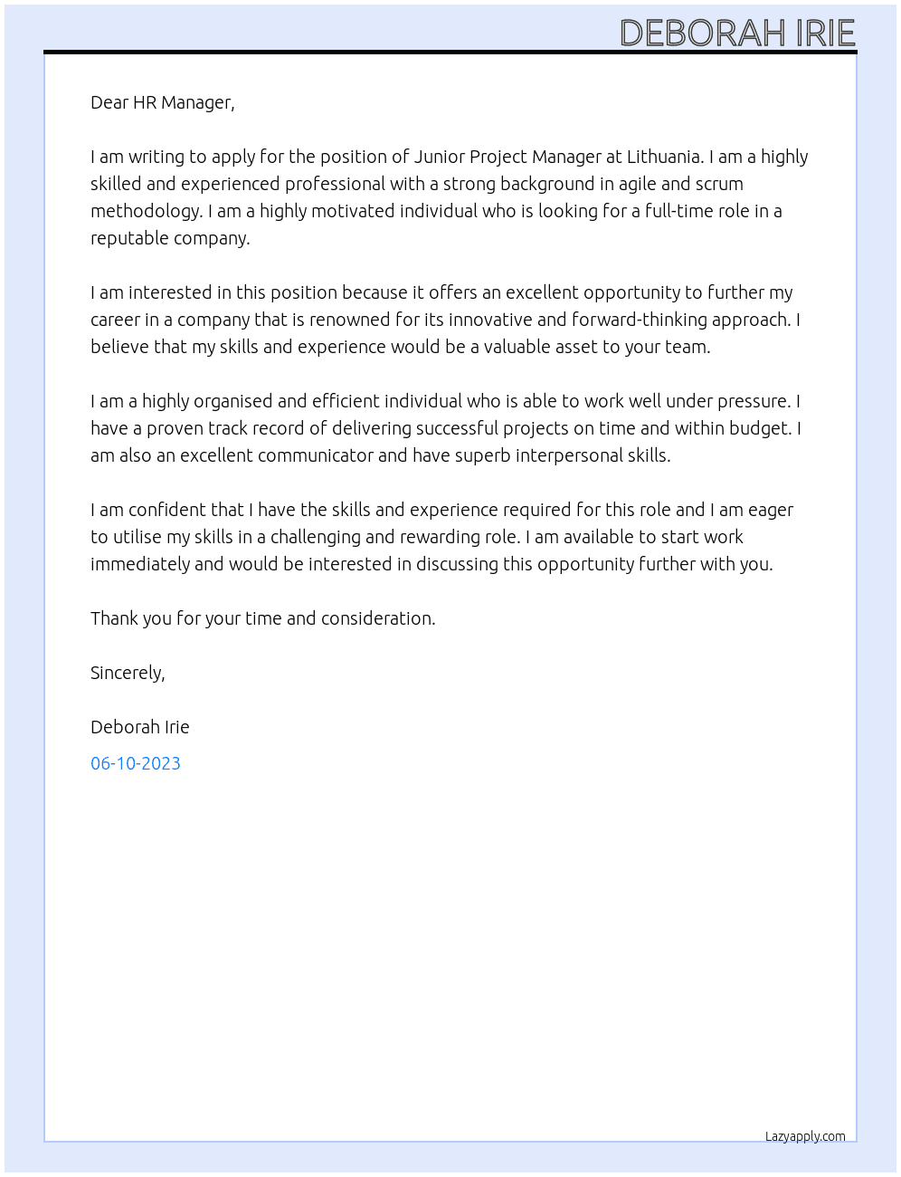 Junior Project Manager At LITHUANIA Cover Letter