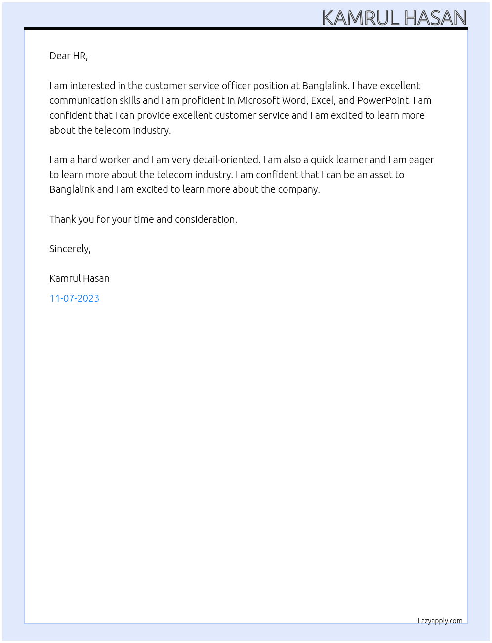 Ex Customer service officer  At Banglalink  Cover Letter